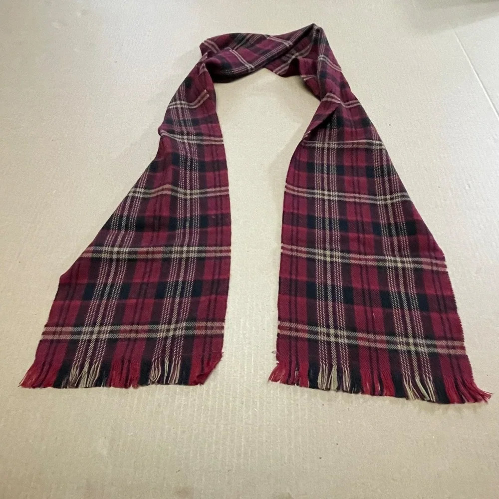 Gap Red Tartan Plaid Fringed Wool Scarf 64